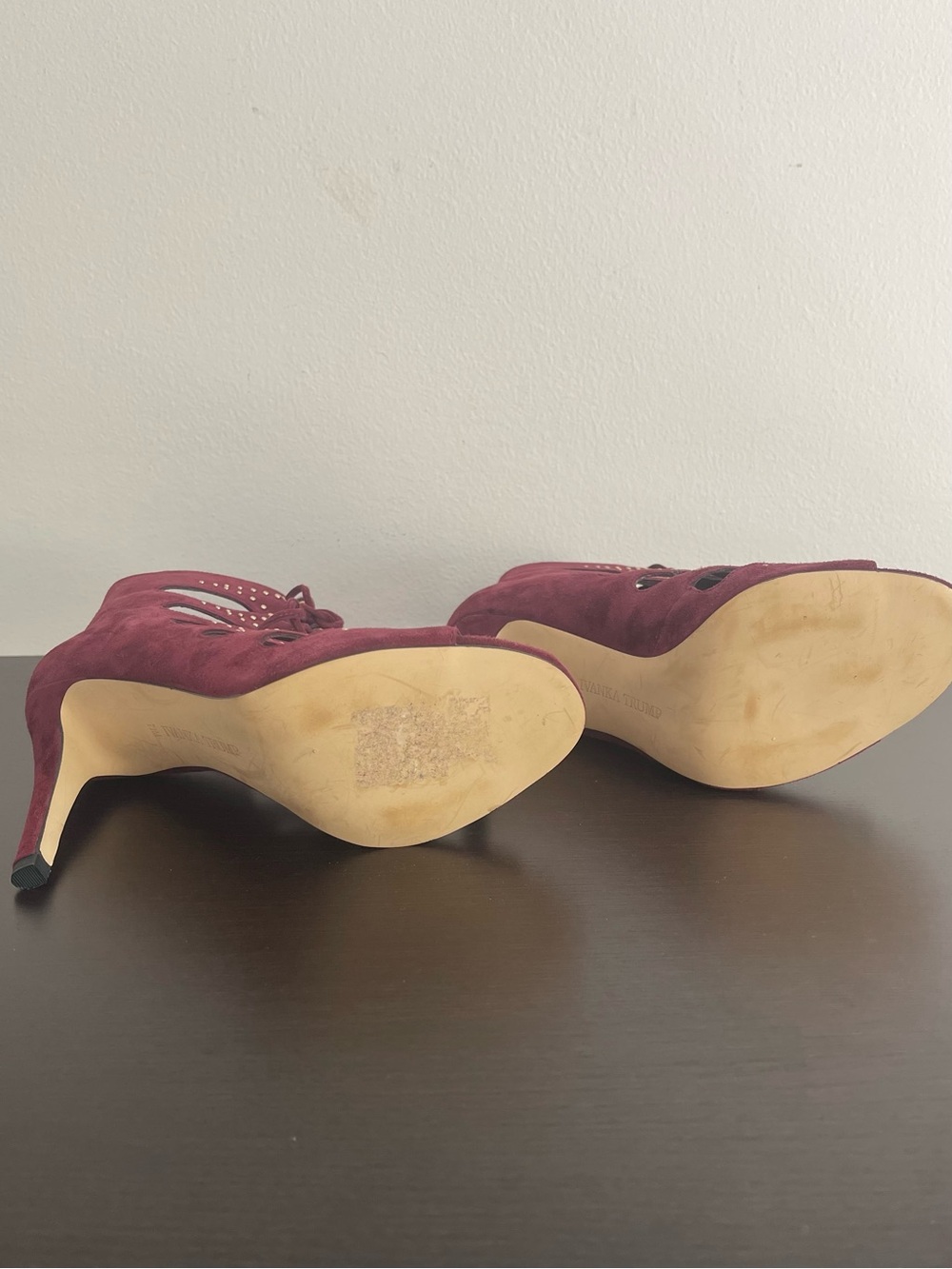 Burgundy Suede Leather Lace-Up Caged Gold Studded Cutout Heels - Picture 6 of 6